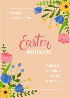 Paskalya kahvaltısı davetiye şablonu. Renkli çiçekler ve beyaz çerçeve. Poster, tebrik kartı, davetiye veya kartpostal şablonu