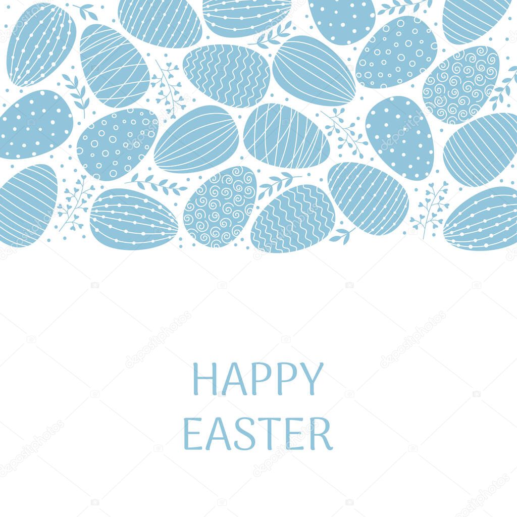 Template of square Easter greeting card. Blue decorated Easter eggs and branches in flat style. 