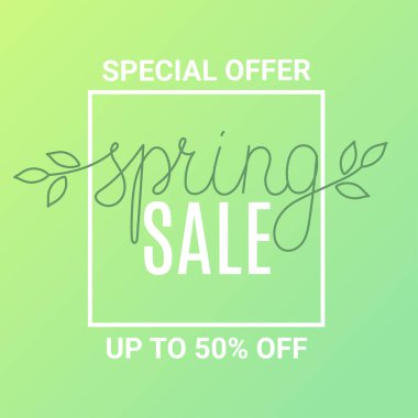 Bahar indirimli pankart şablonu. Yeşil eğimli arkaplan üzerindeki indirimli metin 