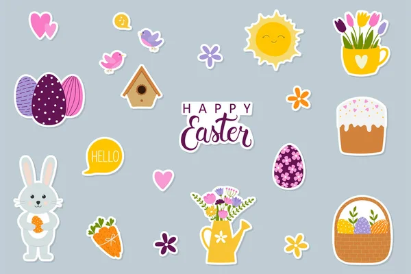 Zestaw Naklejek Wielkanocnych Uroczymi Postaciami Kreskówek Liternictwa Ręcznie Rysowane Doodle — Wektor stockowy