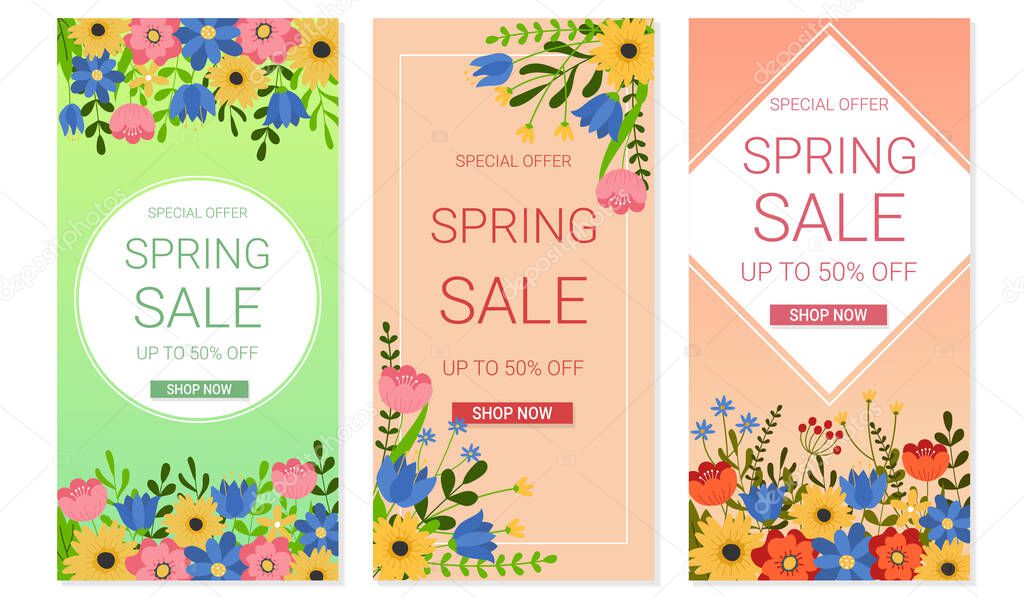 Set of spring sale banners. Discount text with colorful flowers and branches