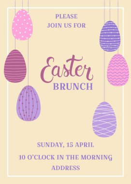 Paskalya brunch şablonu ve süslü paskalya yumurtaları. Poster, tebrik kartı, davetiye veya kartpostal şablonu.