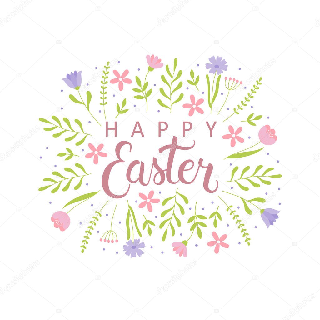 Hand drawn happy Easter lettering text with flowers. Template for greeting card, invitation, poster, banner and sticker.