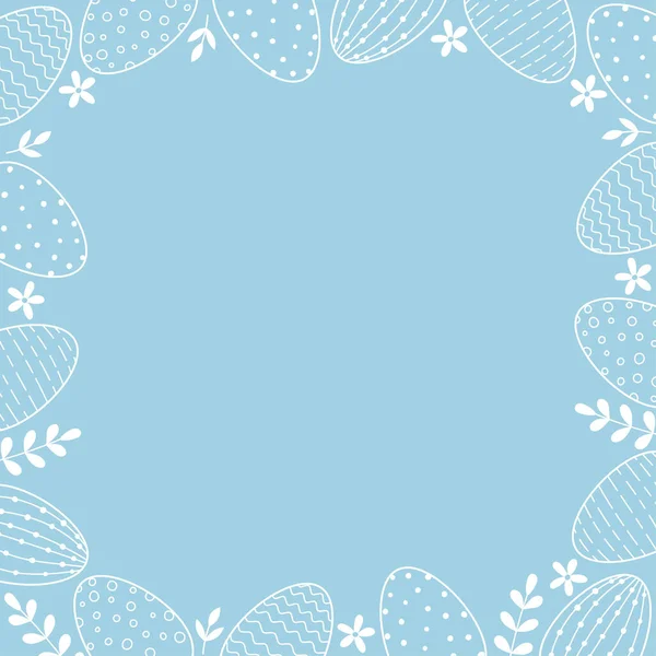 Rahmen aus Ostereiern und Blättern. Line Art weiße Eier auf blauem Hintergrund. — Stockvektor