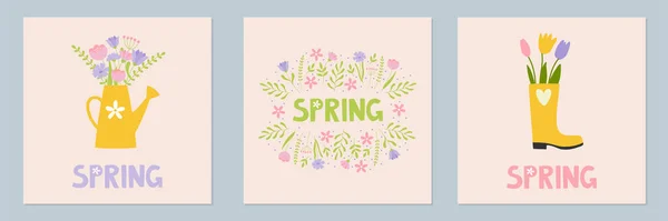 Vorlage für Poster mit Frühlingsgefühlen. Willkommen auf der Grußkarte für den Frühling. Minimalistische Postkarten mit niedlichen Cartoon-Elementen und Schriftzügen. Gekritzelter Flachstil — Stockvektor