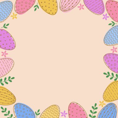 Paskalya süslemeli yumurta ve yaprak çerçevesi. Pembe arka planda renkli yumurtalar.