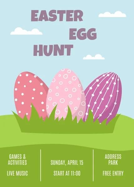 Bannière de chasse aux œufs de Pâques. Oeufs de Pâques décorés colorés sur l'herbe — Image vectorielle