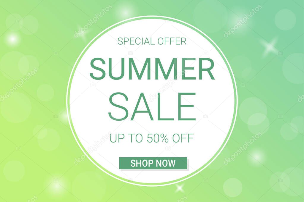 Summer sale banner. Blue and yellow gradient background with glares. Template for flyer, voucher, brochure and banner design