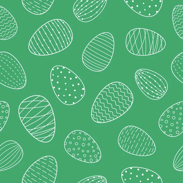 Nahtloses Muster mit Ostereiern. Line Art weiße Eier auf grünem Hintergrund. — Stockvektor