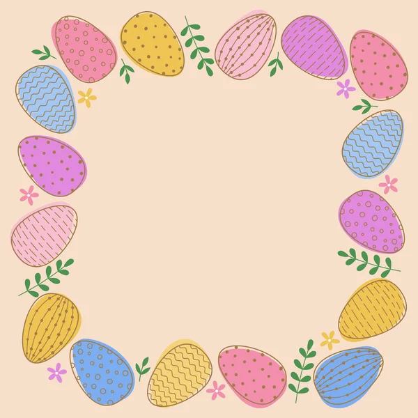 Quadratischer Rahmen Aus Ostereiern Und Blättern Bunte Eier Auf Rosa — Stockvektor