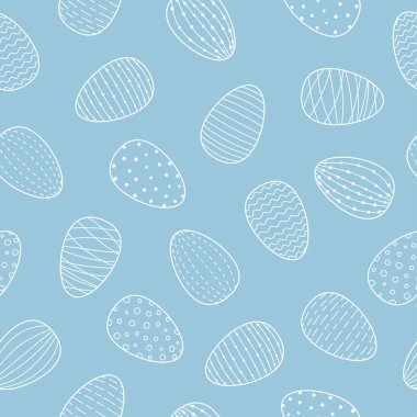 Paskalya süslemeli yumurtalarla kusursuz desen. Mavi arkaplanda beyaz çizgili yumurtalar.