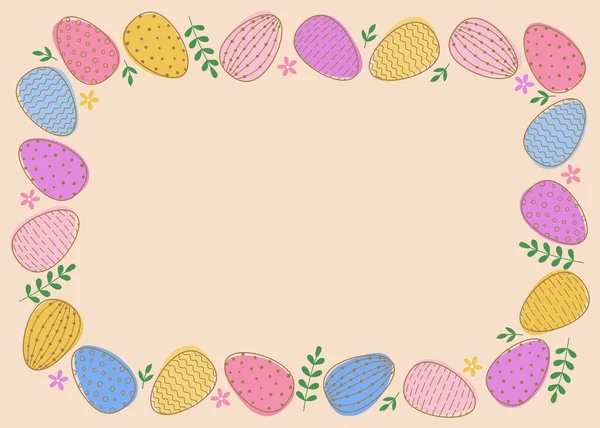 イースター装飾された卵と葉の長方形のフレーム ピンクの背景にカラフルな卵 — ストックベクタ