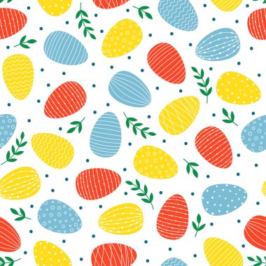 Paskalya süslemeli yumurtalarla kusursuz desen. Beyaz arkaplanda renkli yumurta ve dallar.