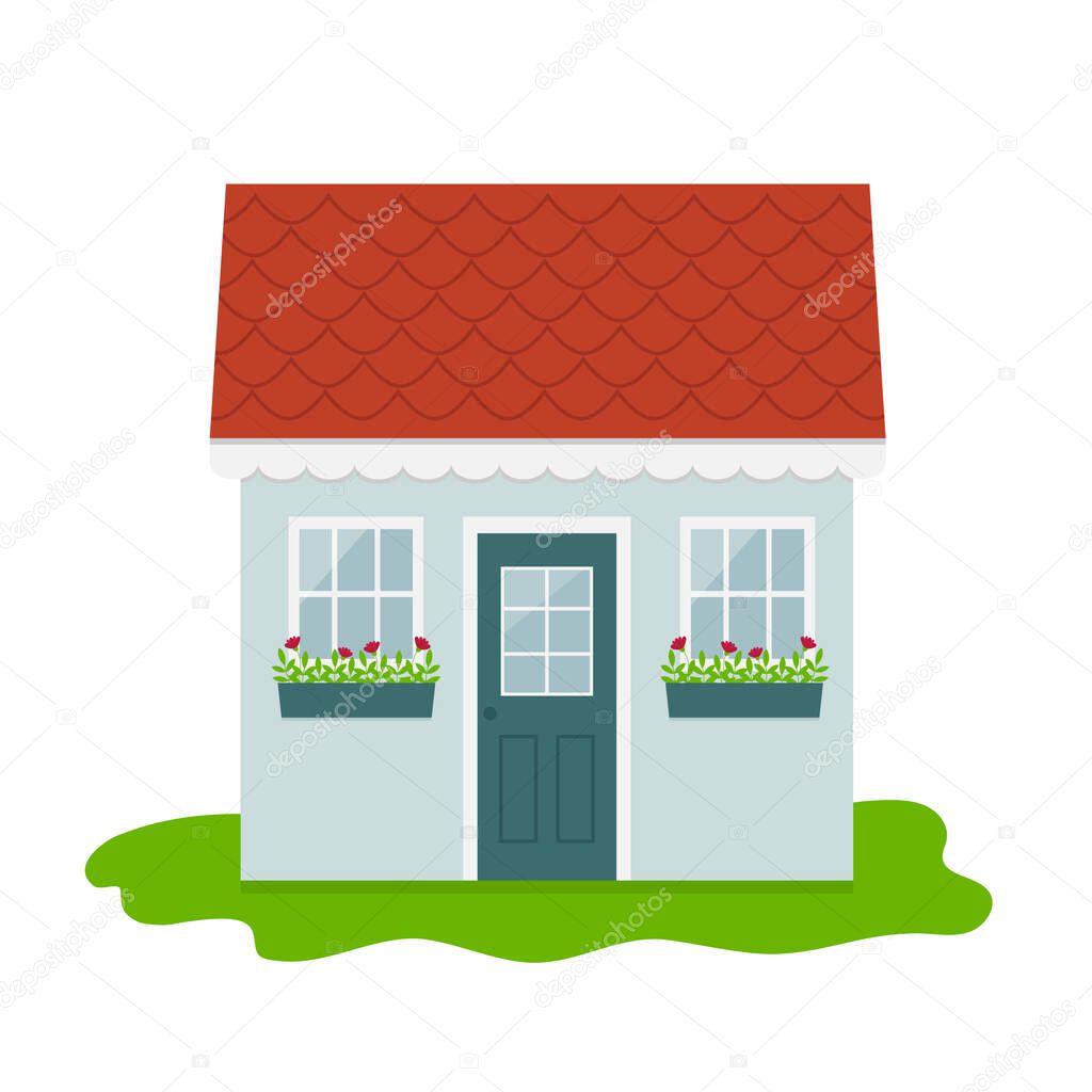 Garden house, backyard shed. Colorful small pretty house on green grass