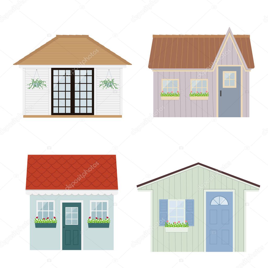 Set of garden houses, backyard shed. Colorful small pretty houses collection