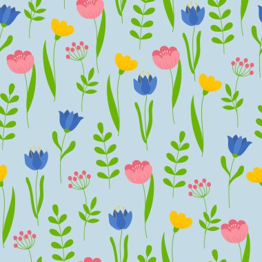 Mavi arka planda renkli çiçekleri olan kusursuz bir desen. Çiçeklerden ve dallardan yapılmış sonsuz bir iz..