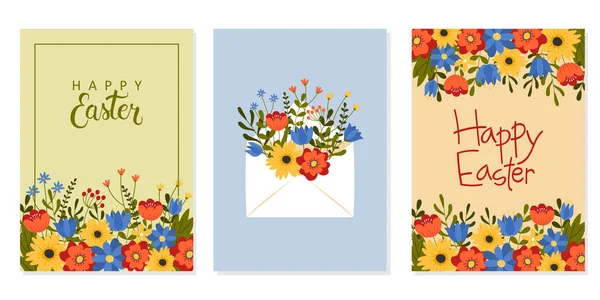 Set of Easter greeting cards. Hand drawn text with colorful flowers. Template for poster, greeting card, invitation or postcard. — Stock Vector