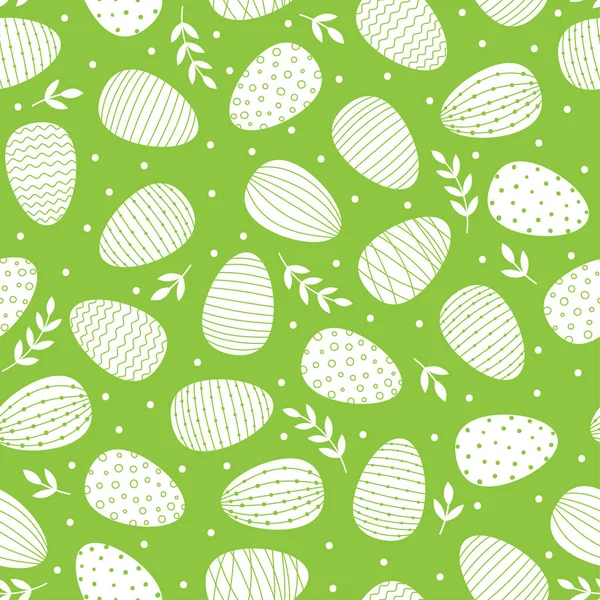 Modèle sans couture avec des œufs décorés de Pâques. Oeufs blancs et branches sur fond vert. — Image vectorielle