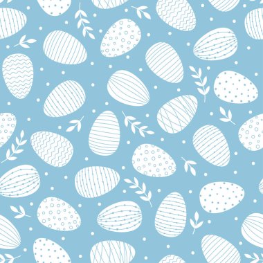 Paskalya süslemeli yumurtalarla kusursuz desen. Mavi arkaplanda beyaz yumurta ve dallar.