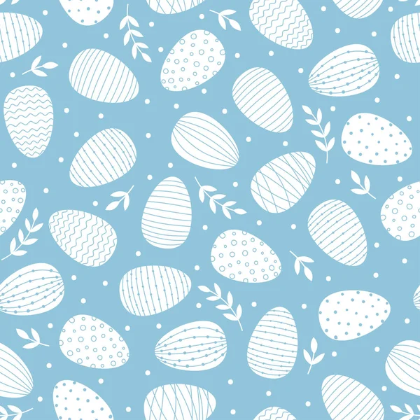Modèle sans couture avec des œufs décorés de Pâques. Oeufs blancs et branches sur fond bleu. — Image vectorielle