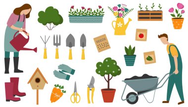 Bahçe eşyaları seti. Sulama kabı olan kadın, el arabası olan adam. Bahar işleri için el yapımı tarım ve bahçe aletleri.