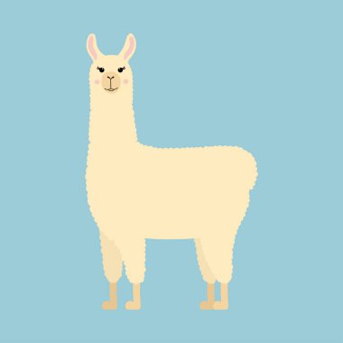 El çizimi şirin lama. Mavi arka planda komik bir karakter. Bebek tasarımı, kırtasiye, baskı, tebrik kartı kavramı.