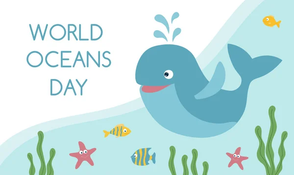 Modèle Journée Mondiale Des Océans Jolie Baleine Souriante Poissons Étoiles — Image vectorielle