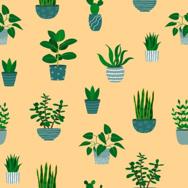 Çiçek saksılarında kusursuz çiçek desenleri. Bej arkaplanda çizgi film renkli bitkiler