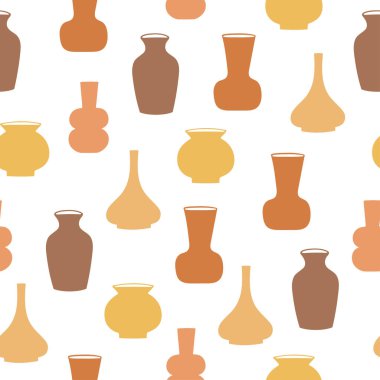 Elle çizilmiş vazoların kusursuz deseni. Beyaz arkaplanda pastel renkli kil çömlek 