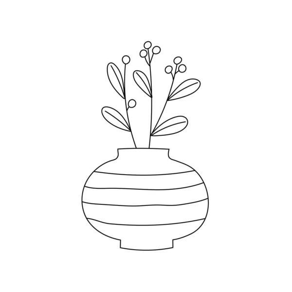 Joli Vase Avec Une Branche Ligne Art Style Doodle Parfait — Image vectorielle