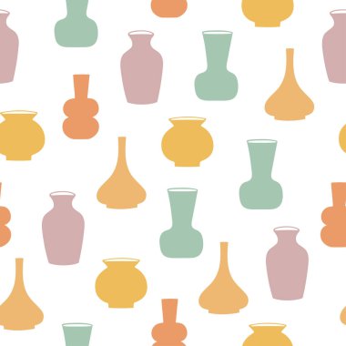 Elle çizilmiş vazoların kusursuz deseni. Beyaz arkaplanda pastel renkli kil çömlek 