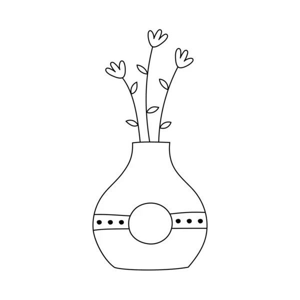 Joli vase avec des branches de fleurs. Ligne art style doodle. Parfait pour cartes, décorations, logo. — Image vectorielle