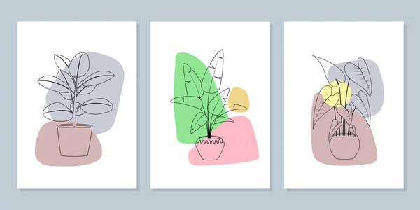 Virágcserepes plakátkészlet növényekkel. Vonal művészet kézzel rajzolt szobanövények színes absztrakt formák. Modern minimalizmus — Stock Vector