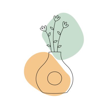 Çiçekli şirin vazo. Renkli soyut şekilli çizgi çizimi tarzı. Kartlar, dekorasyonlar, logolar için mükemmel.