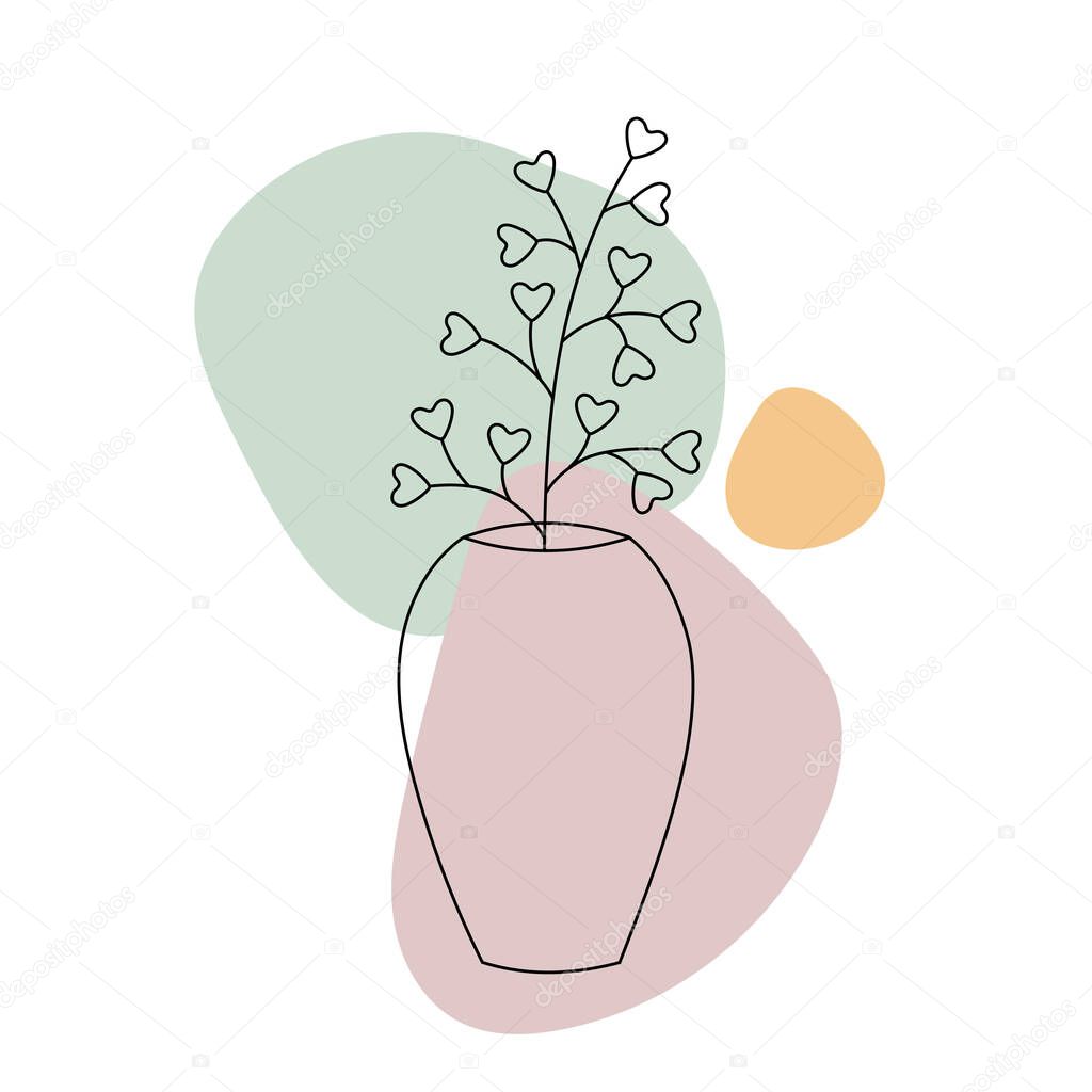 Cute vase with branch and leaves. Line art doodle style with colorful abstract shapes. Perfect for cards, decorations, logo. Isolated vector illustartion. 