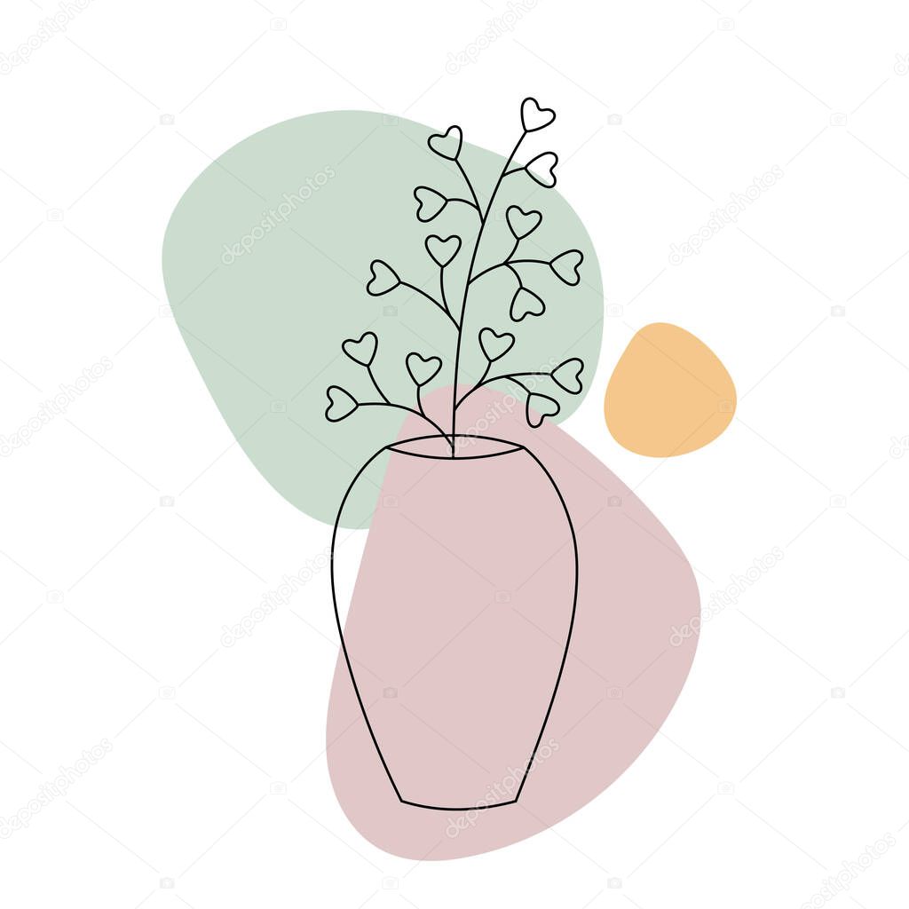 Cute vase with branch and leaves. Line art doodle style with colorful abstract shapes. Perfect for cards, decorations, logo. Isolated vector illustartion.