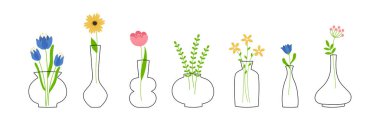 Renkli çiçekli bir dizi sanat vazosu. Kart, dekorasyon ve logo için mükemmel. İzole vektör çizimi. 