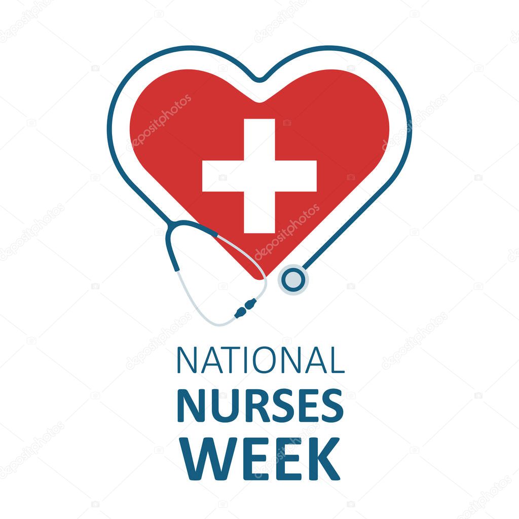 National nurses week. Red heart with white cross and stethoscope. Template for poster, social media, banner, card.