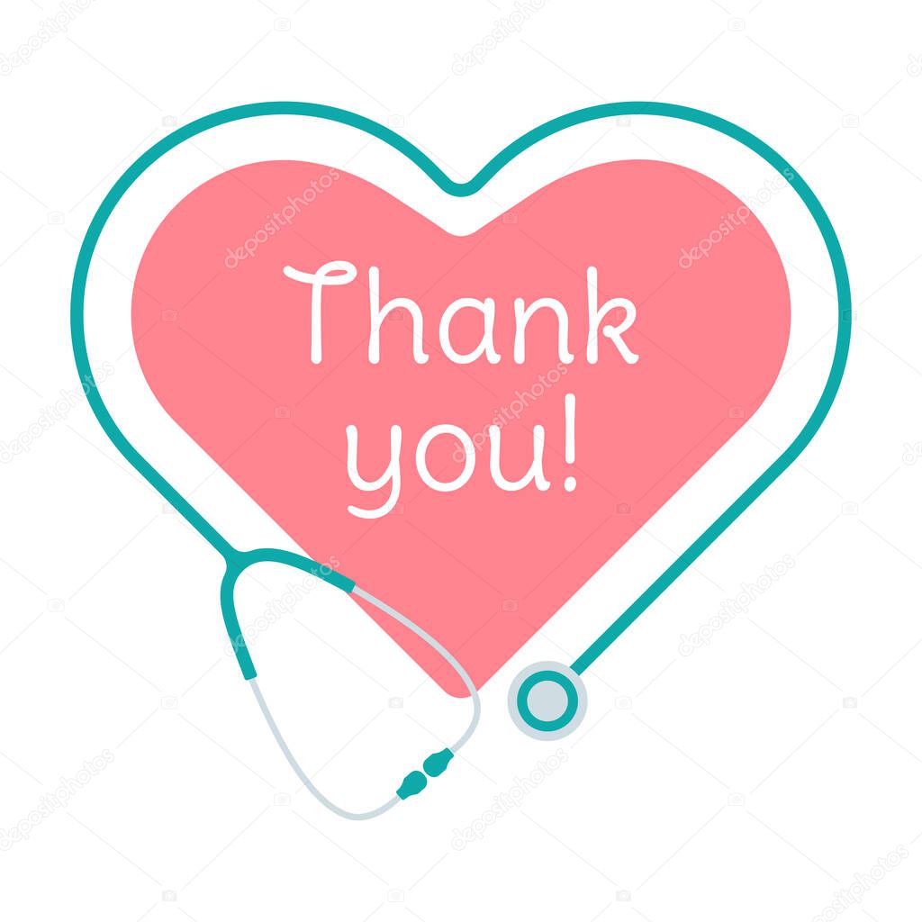 Thank you, doctor and nurse. Pink heart with text and stethoscope. Template for poster, social media, banner, card. Isolated vector illustration 