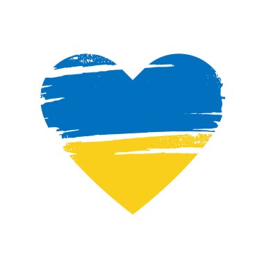 Kalp şeklinde mavi ve sarı fırça darbeleri. Ukrayna 'yı kurtar. Çıkartma, afiş, poster ve kart için tasarım ögesi. İzole vektör illüstrasyonu. 