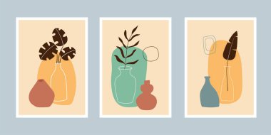 Set of posters with vases and branches and abstract shapes. Modern minimalist style. Perfect for cards, decorations, cover design