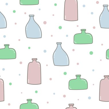 Elle çizilmiş şişelerin kusursuz deseni. Beyaz arkaplanda renkli çiçek vazoları 