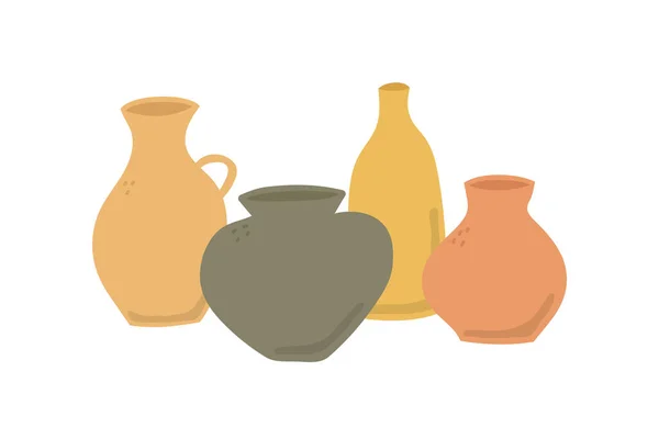 Renkli Vazolar Çizilmiş Kil Çömlek Koleksiyonu Zole Vektör Illüstrasyonu — Stok Vektör