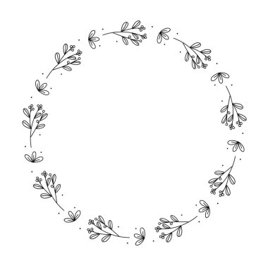 Çizgi sanat dalları çerçevesi. Tebrik kartı, davetiye, poster ve sosyal medya için tasarım ögesi. İzole vektör illüstrasyonu 