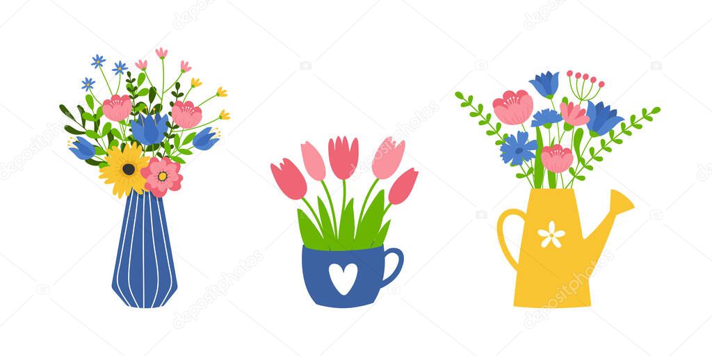 Set of flower bouquets. Bunch of plants in vase, cup and watering can collection. Design element for greeting card, invitation, stickers, postcard, poster, print.
