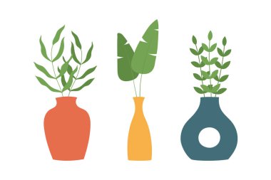 Dalları olan renkli vazolar. El çizimi karalama stili. Kart, dekorasyon, logo ve parmak izi için mükemmel. İzole vektör çizimi. 