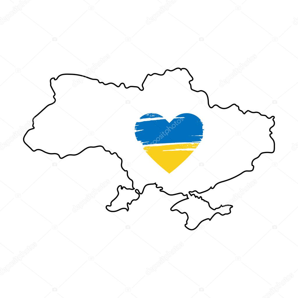 Line art map of Ukraine with blue and yellow heart. Save Ukraine. Design element for sticker, banner, poster, card. Isolated vector illustration.