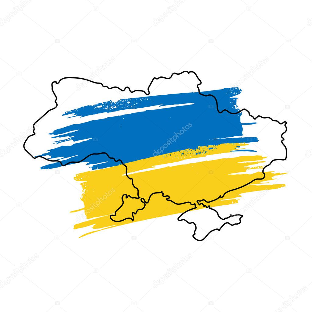 Line art map of Ukraine with blue and yellow brush stroke. Save Ukraine. Design element for sticker, banner, poster, card. Isolated vector illustration.