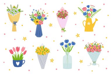 Set of flower bouquets. Bunch of plants in vases, cup and watering can collection. Design element for greeting card, invitation, stickers, postcard, poster, print
