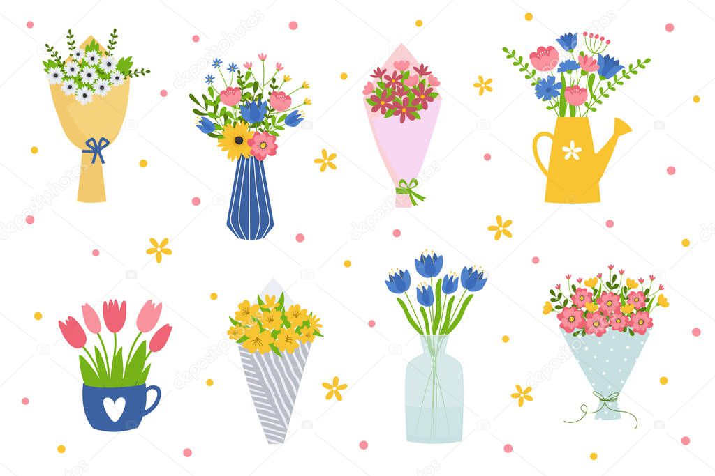 Set of flower bouquets. Bunch of plants in vases, cup and watering can collection. Design element for greeting card, invitation, stickers, postcard, poster, print
